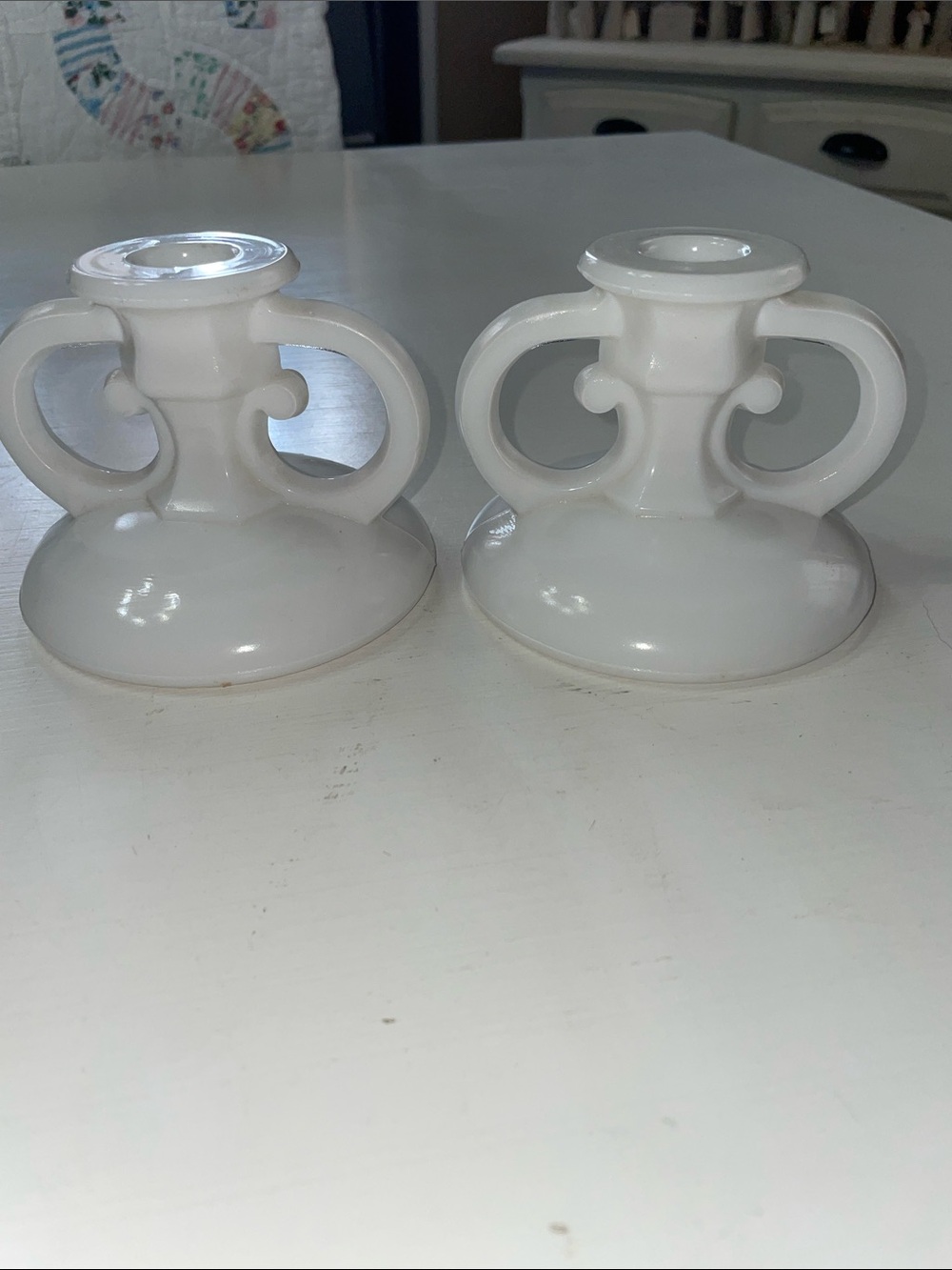 Vintage L.E.Smith milk glass handle candlestick holders set of 2